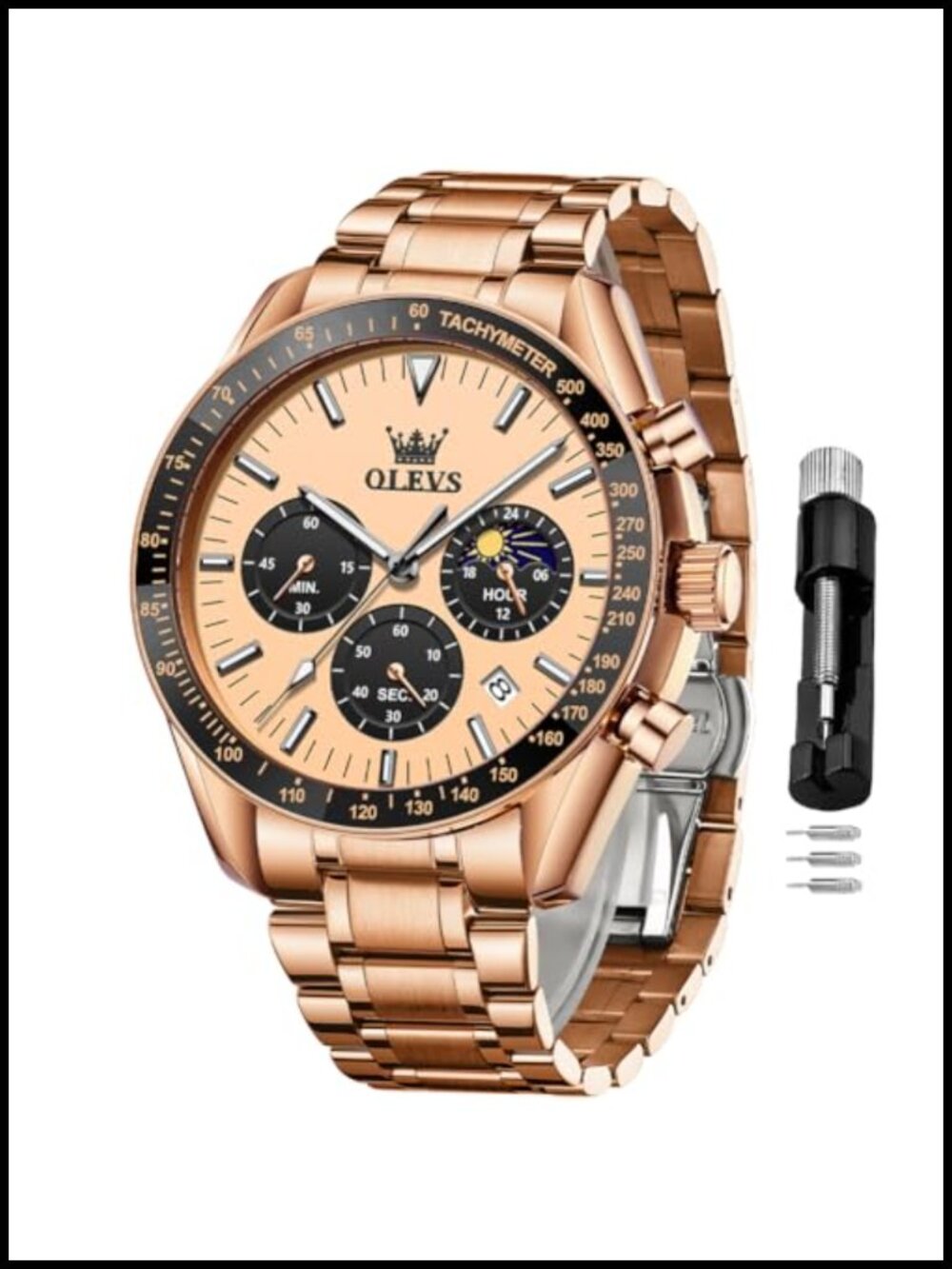 OLEVS Men's Moon Phase Chronograph Stainless Steel Watch Waterproof Luminous